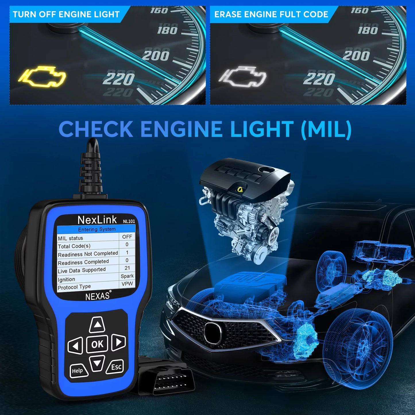 Nexas nl101 obd2 scanner check engine light car battery tester car scanner auto code reader full obdii functions check engine read clear codes automotive scanner obdii diagnostic tool