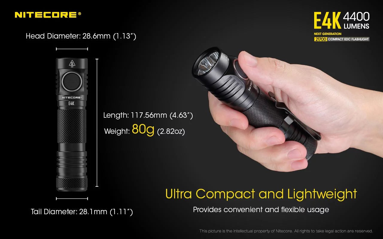 Combo: nitecore e4k flashlight -1x nitecore 21700 rechargeable li-ion battery included w/offset mount