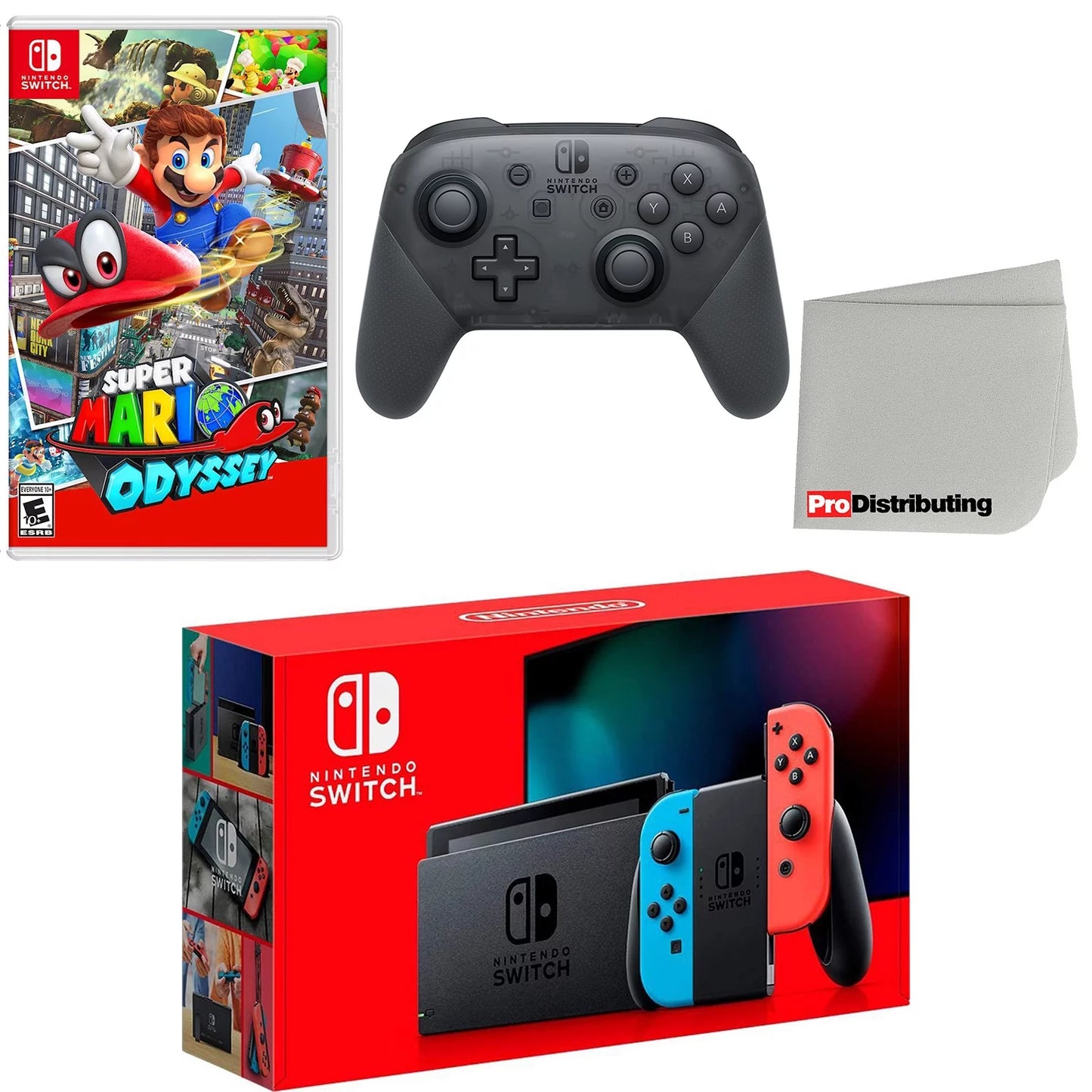 Nintendo switch console neon red & blue with extra wireless controller, super mario odyssey and screen cleaning cloth