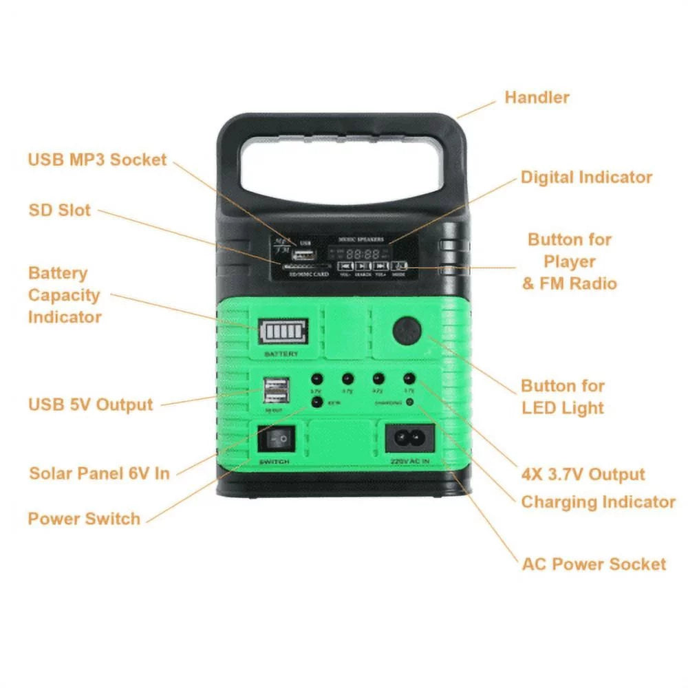 Portable power station and solar generator with 10w solar panel, flashlights, camp lamps with battery usb charger back-up electric system home emergency power outdoor