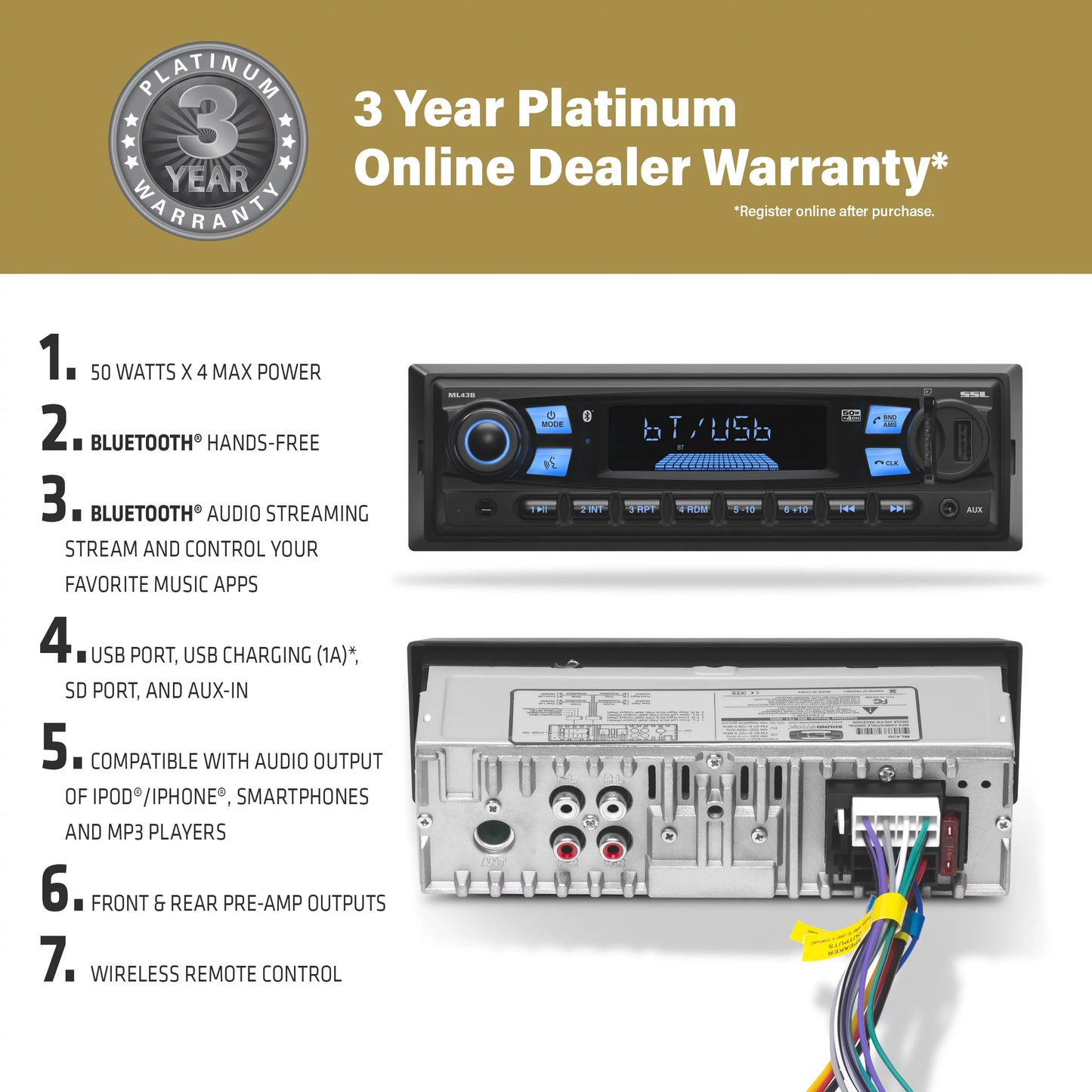 Sound storm laboratories ml43b car stereo, no cd, bluetooth, usb, sd, am/fm