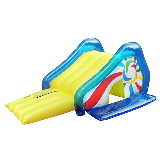 Northlight yellow and blue pool side slide with an attached sprayer, 98-inches