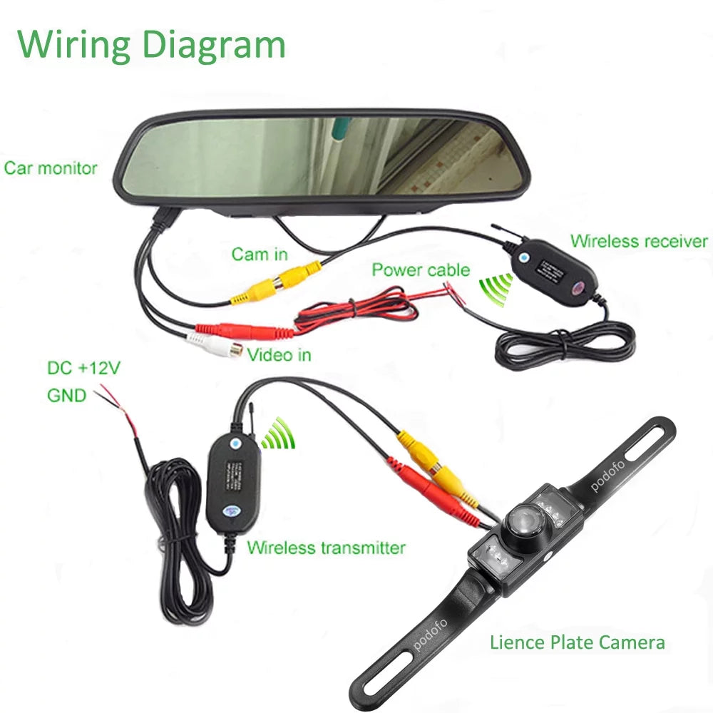 Podofo wireless car backup camera kit 4.3" mirror monitor waterproof license plate vehicle rear view camera with 7 led ir night vision