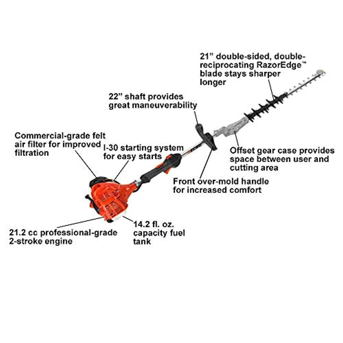 Echo shc-225s 21.2cc 21in. 2 stroke durable gas double sided shaft hedge clipper