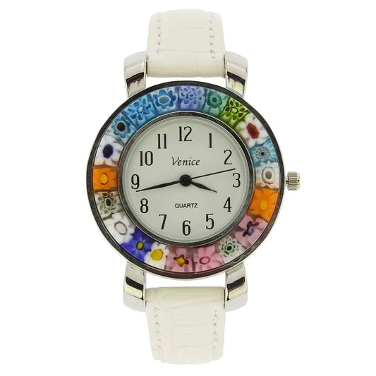 Glassofvenice serena murano millefiori watch with leather band - white