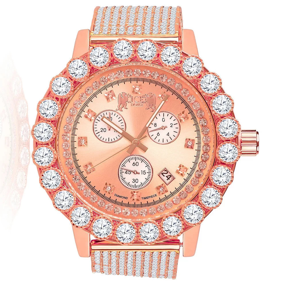 Exclusive custom time piece celebrity inspired lab diamonds rose gold tone iced out khronos jo rodeo watch w/date function