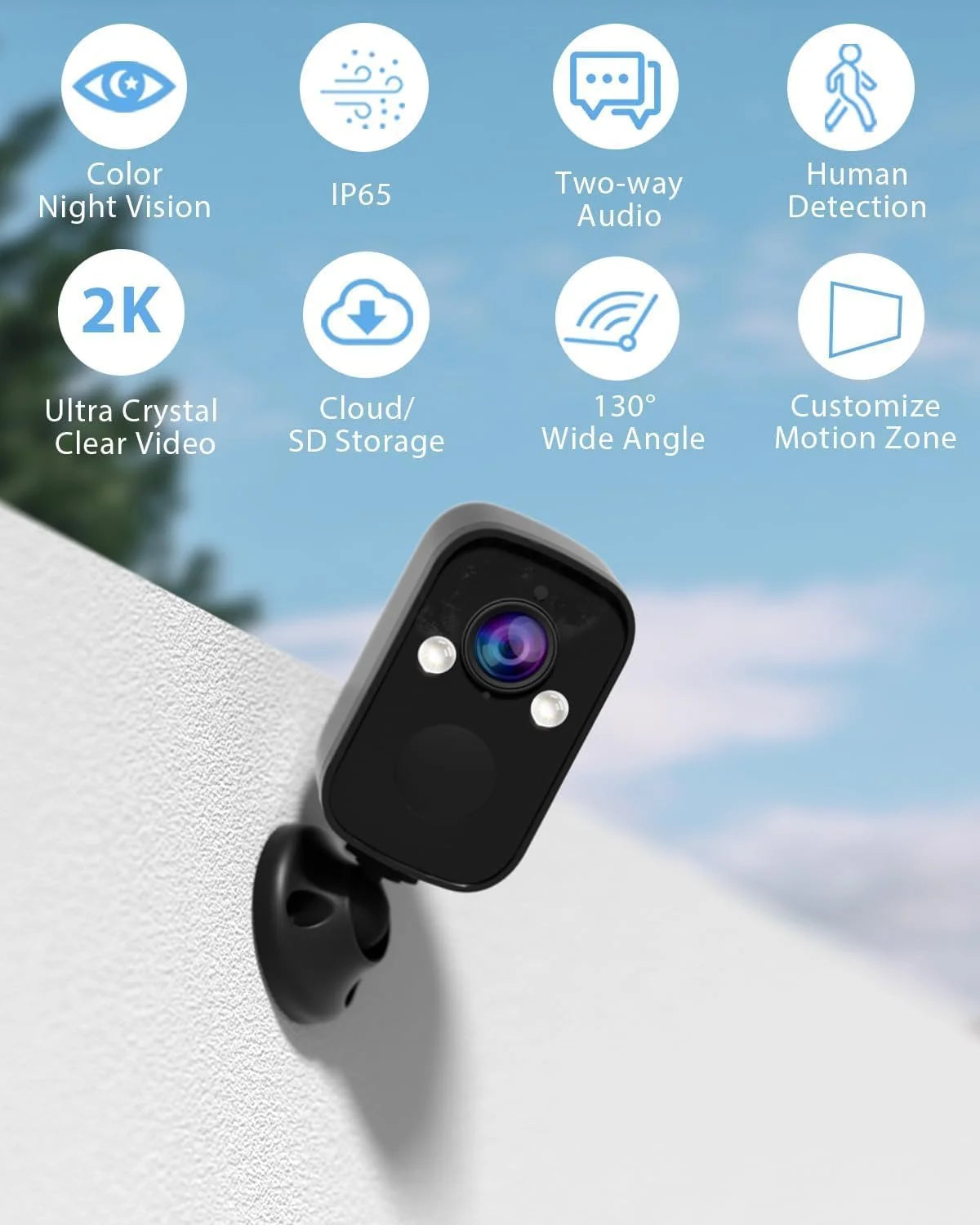 Wireless security camera outdoor, 2k security camera with full color night vision, 130° viewing angle, ai motion detection, 2-way talk, cloud/sd storage support, weatherproof, compatible with alexa