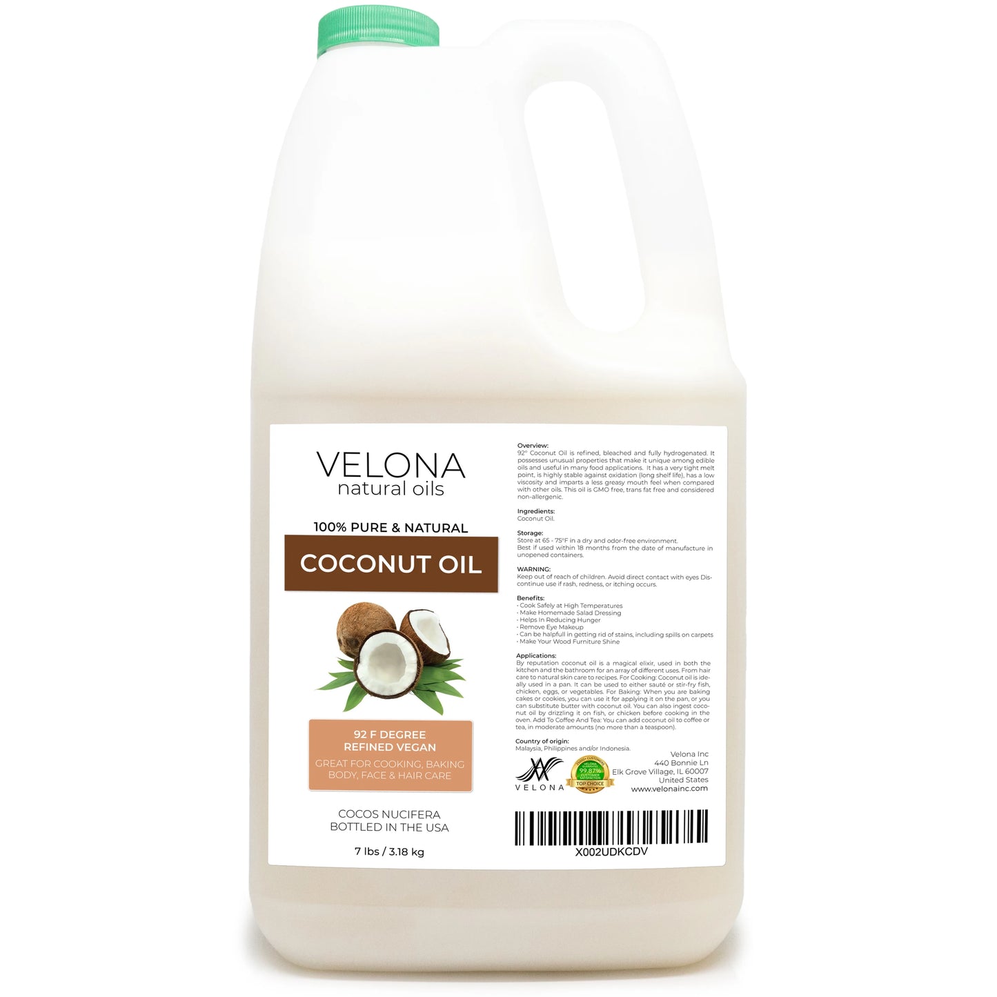 Velona coconut oil 92 degree - 7 lb | 100% pure and natural carrier oil | in jar | refined, cold pressed | skin, face, body, hair care