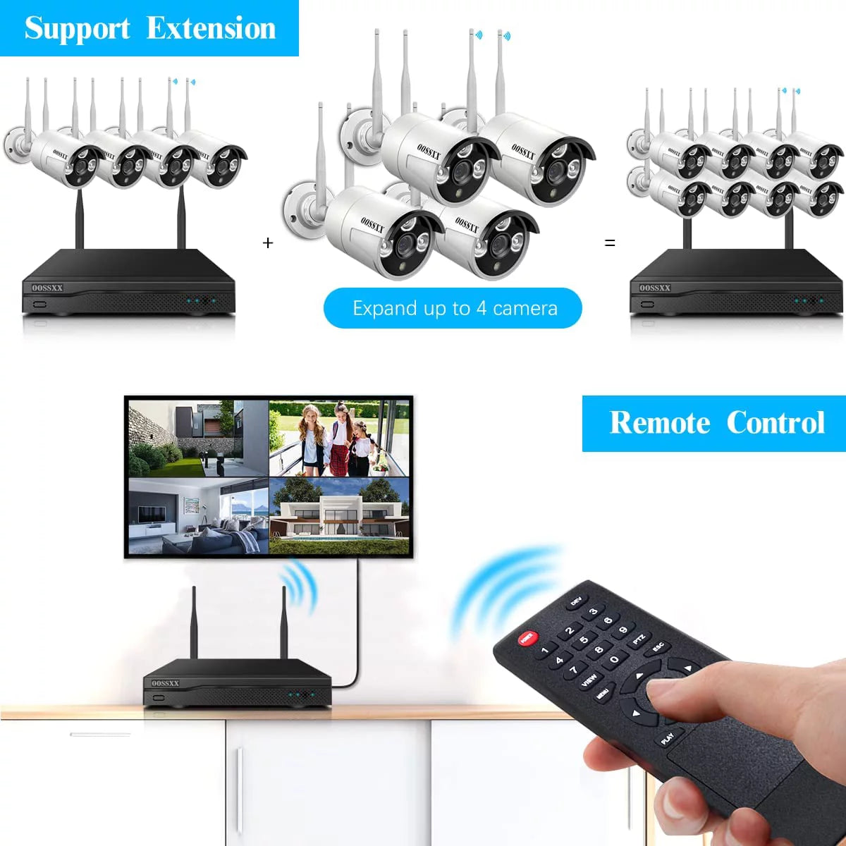 Dual antennas 2k 3.0mp wireless security camera system, surveillance nvr kits without hard drive, 4pcs outdoor wifi security cameras