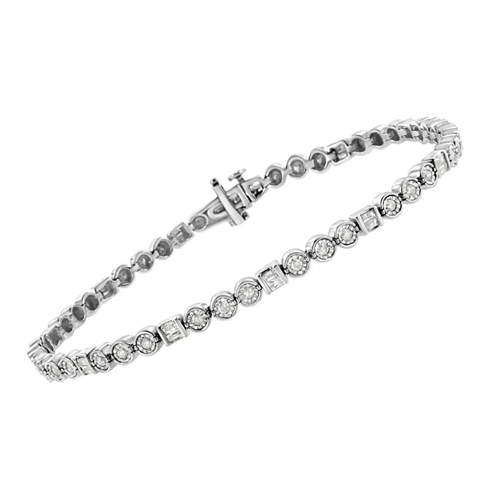 .925 sterling silver 1.0 cttw alternating channel set baguette and miracle set round diamond link bracelet (i-j color, i3 clarity) - 7.25"