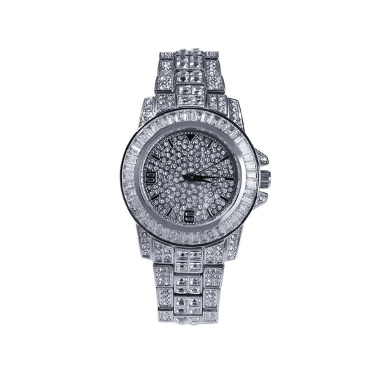 Fully iced out simulated diamond bling stainless steel hip hop white gold finish men adjustable size band custom luxury rapper quartz watch