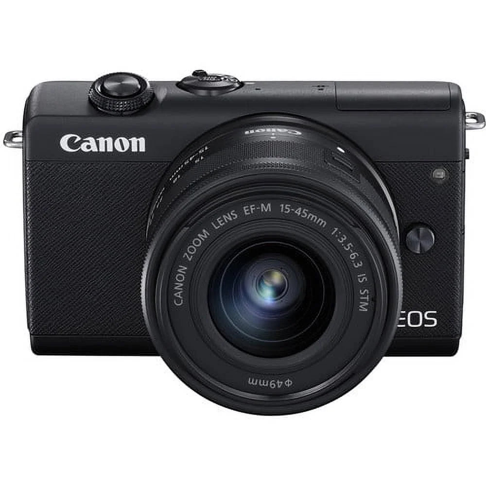 Restored canon eos m200 mirrorless digital camera with 15-45mm lens (black) (3699c009) + 64gb memory card + case + card reader + flex tripod + hand strap + cap keeper + memory wallet + cleaning kit (refurbished)