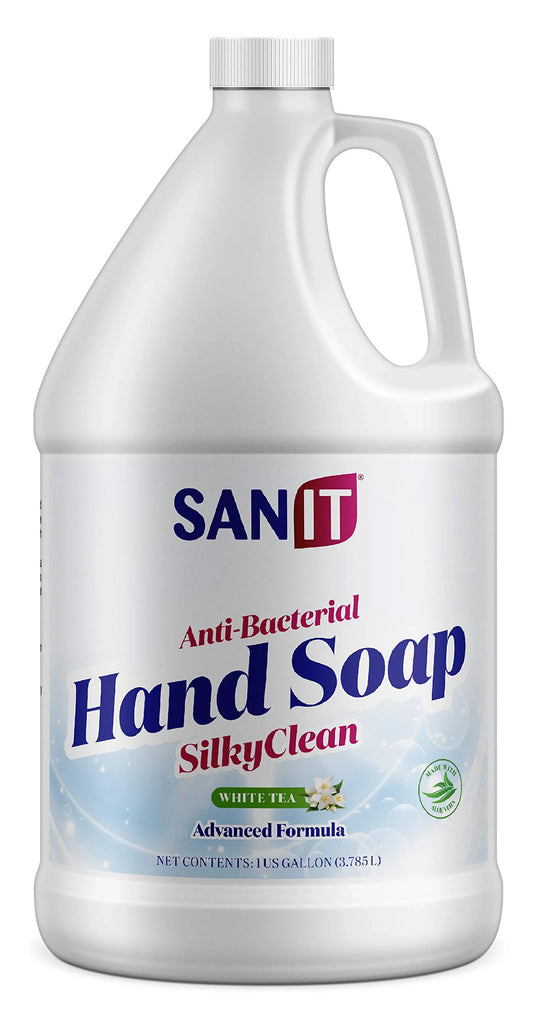 Sanit silky clean antibacterial liquid gel hand soap refill - advanced formula with coconut oil and aloe vera - all natural moisturizing hand wash - made in usa, white tea, 1 gallon