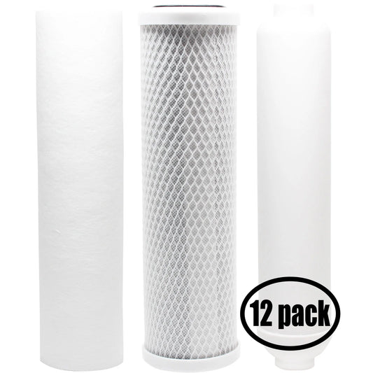 12-pack replacement for filter kit for puroline pl40t50 ro system - includes carbon block filter, pp sediment filter & inline filter cartridge - denali pure brand