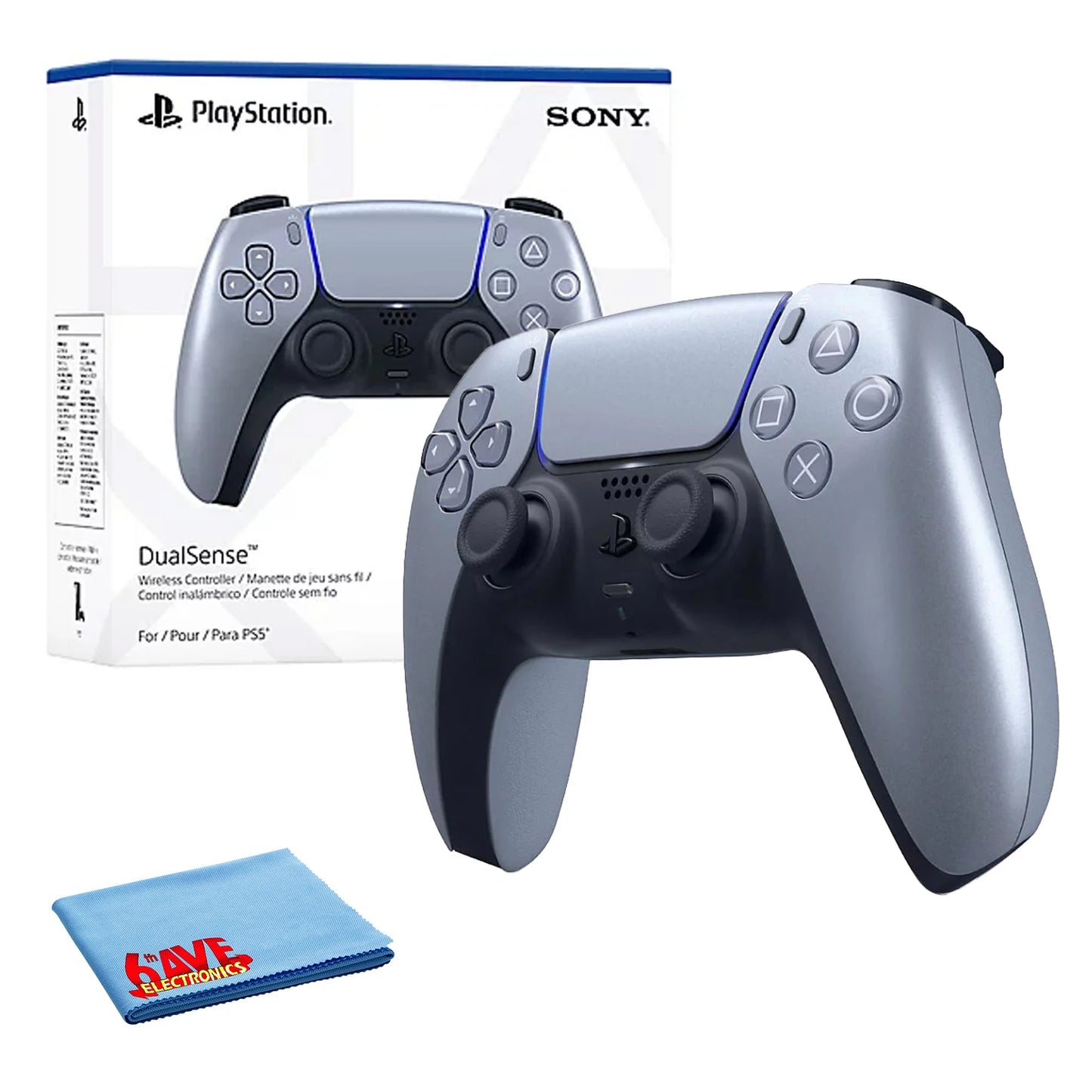 Playstation 5, ps5 dualsense wireless controller - sterling silver bundle with 6ave microfiber cleaning cloth