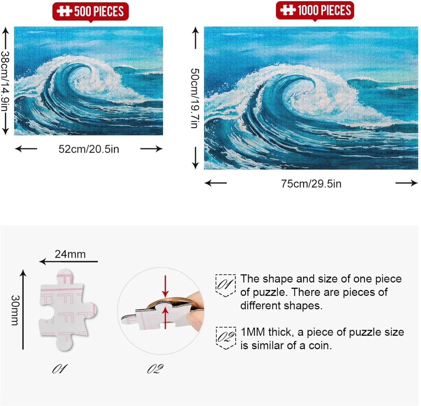 Wellsay sea waves (5) 500pcs of irregular puzzle in a box, printed with colored letters on back to reduce difficulty, a happy time of cooperation,for adults and kids(20.5x14.9in)