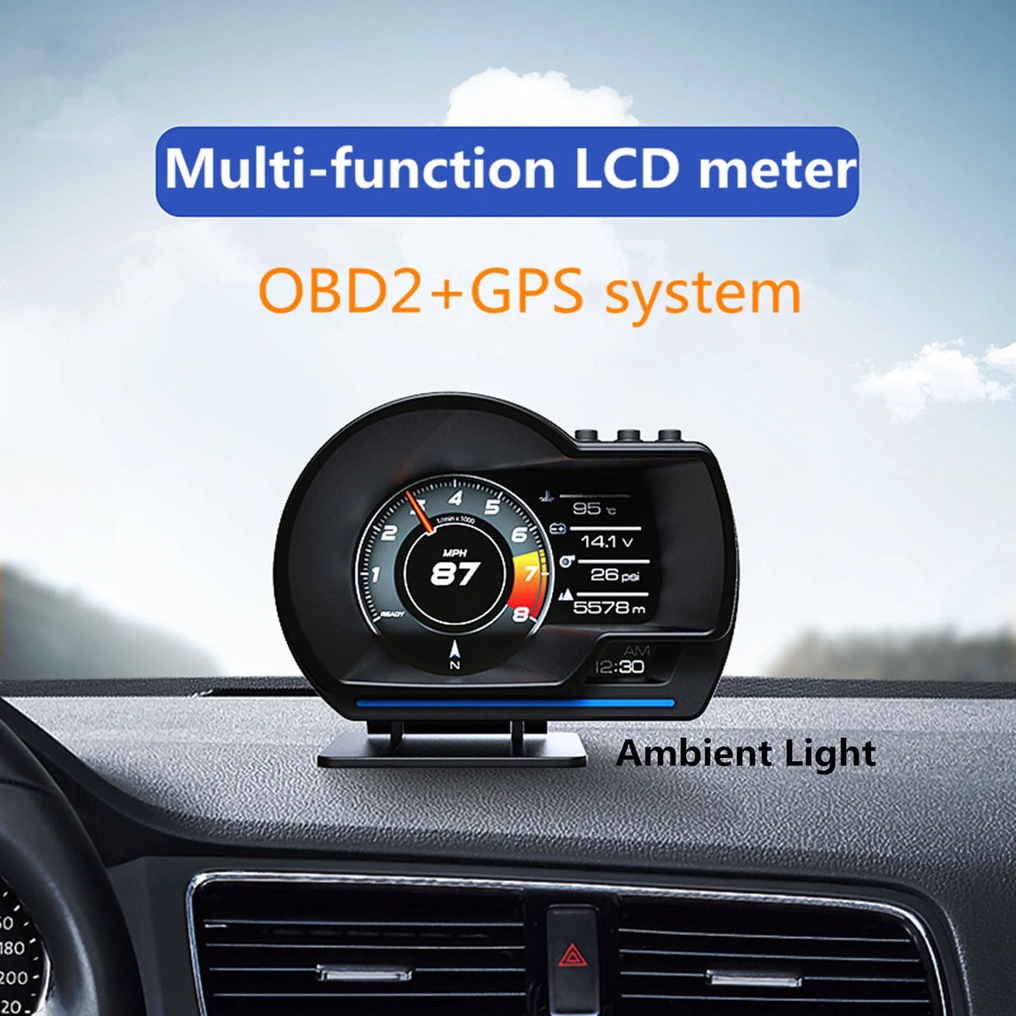 Car hud display, obdⅱ+gps smart gauge high definition speedometer car diagnostic tool obd fault code elimination safe driving computer overspeed fault alarm for all vehicles