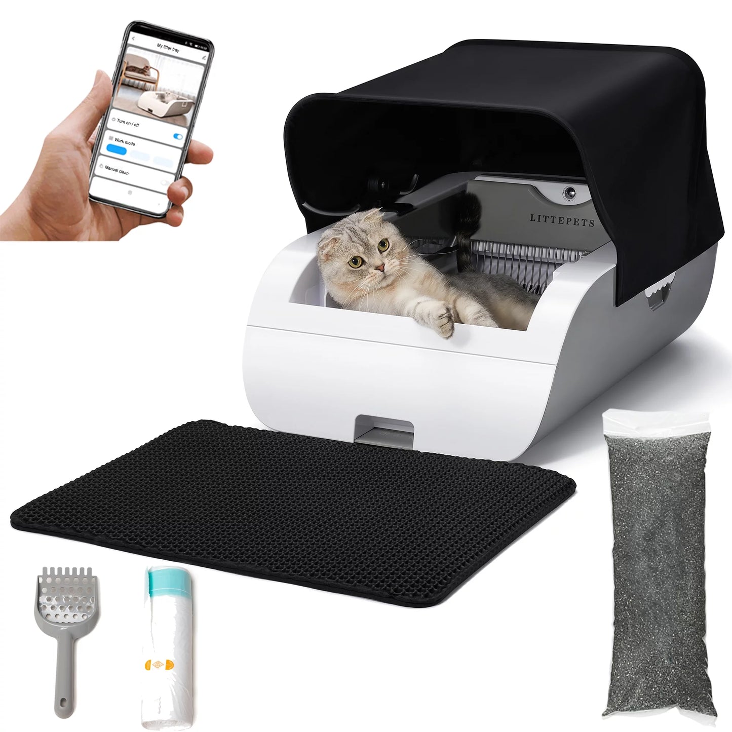 Suhaco automatic cat litter box self cleaning litter box smart intelligent sensing anti-pinch no scooping odor removal app control with hood & litter mat