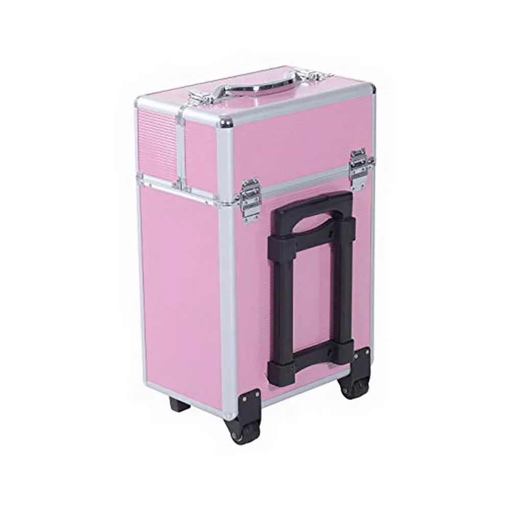 4 tier lockable rolling cosmetic makeup train cases, pink wheels rolling cosmetic case for women, cosmetic organizer makeup case with extendable trays, wrwq852