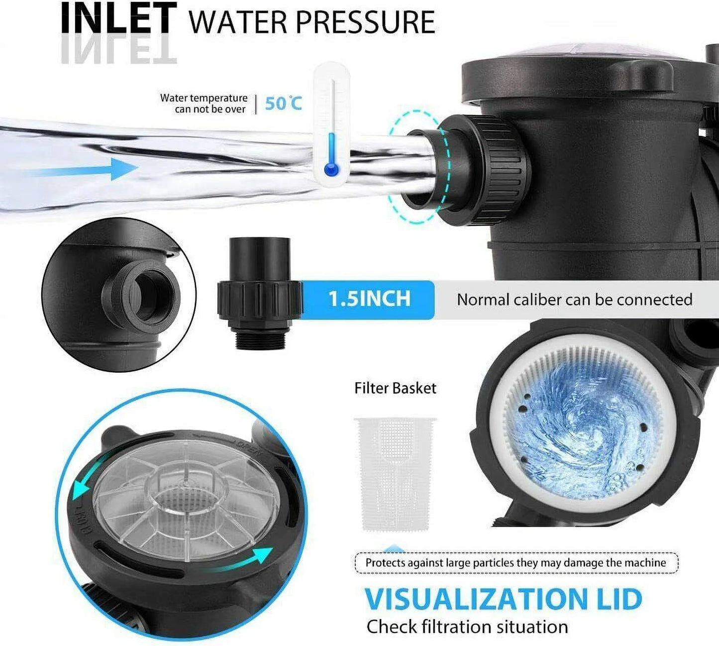 Denest hbp1500ⅱ 2.0hp 1500w inground/ above ground swimming pool pump with strainer basket and connectors