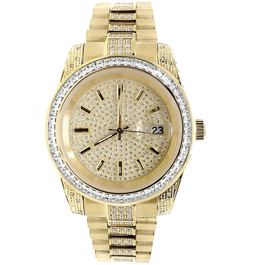 Unisex 18k yellow gold finish stainless steel simulated diamond presidential watch 41mm new tarnish free