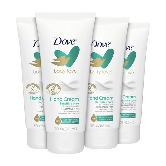 Dove body love hand cream sensitive skin 4 ct fragrance-free soothes and comforts rough, dry skin 3 oz