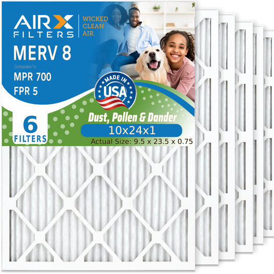 10x24x1 air filter merv 8 comparable to mpr 700 & fpr 5 electrostatic pleated air conditioner filter 6 pack hvac ac premium usa made 10x24x1 furnace filters by airx filters wicked clean air.