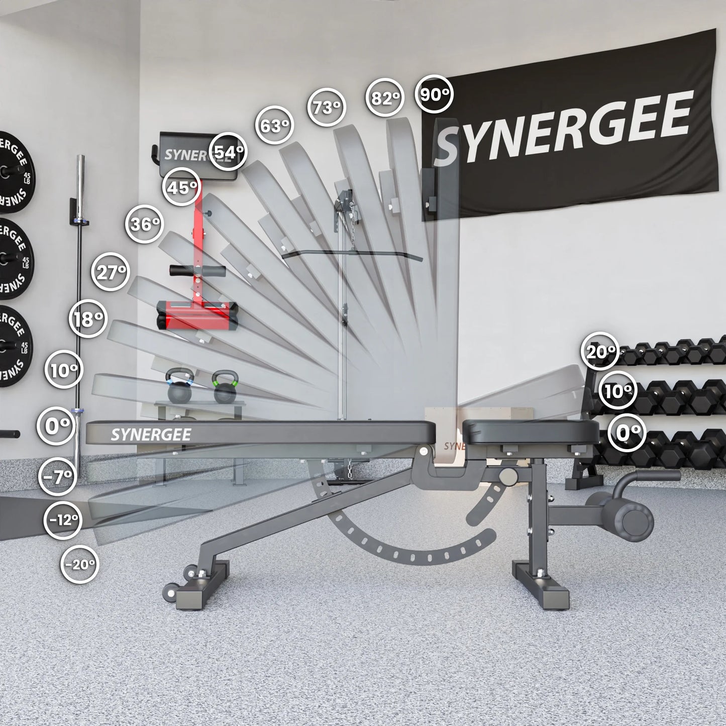 Synergee adjustable incline decline workout bench. weight bench for dumbbell & barbell press exercises & workouts. great for commercial, garage and home gym.