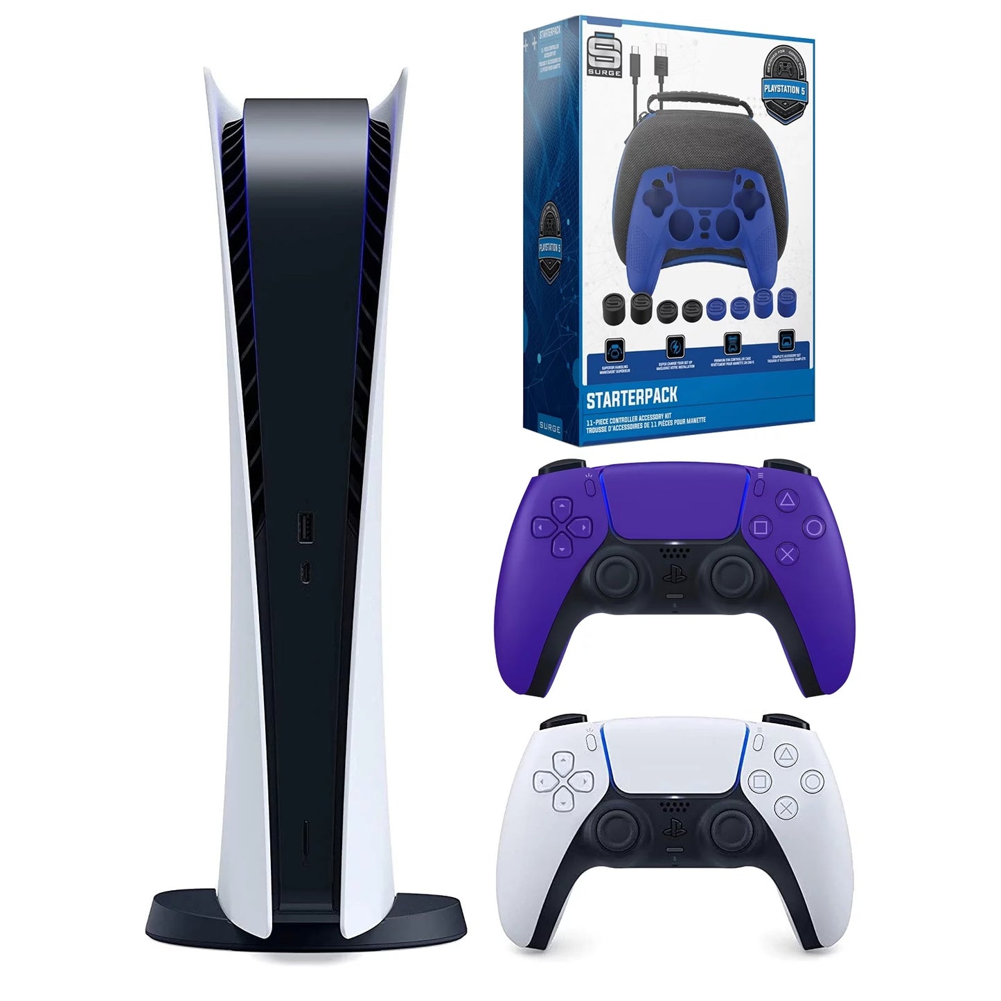 Sony playstation 5 digital version (sony ps5 digital) with extra galactic purple controller and gamer starter pack bundle