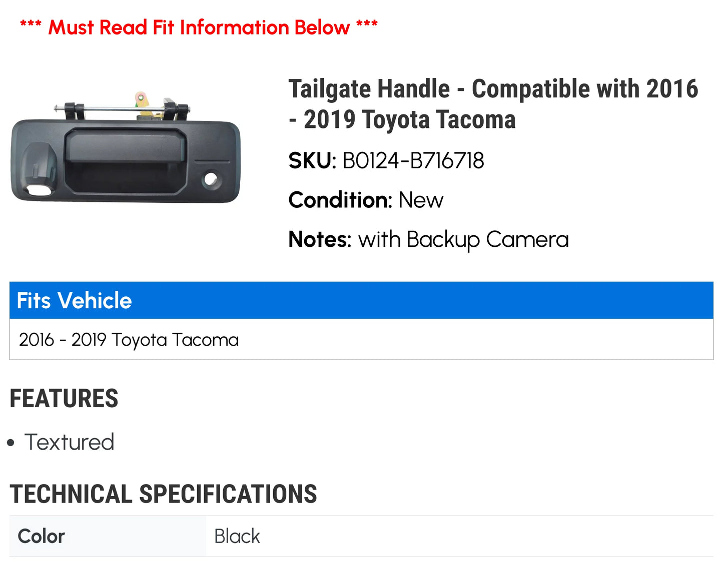 Tailgate handle - compatible with 2016 - 2019 toyota tacoma 2017 2018