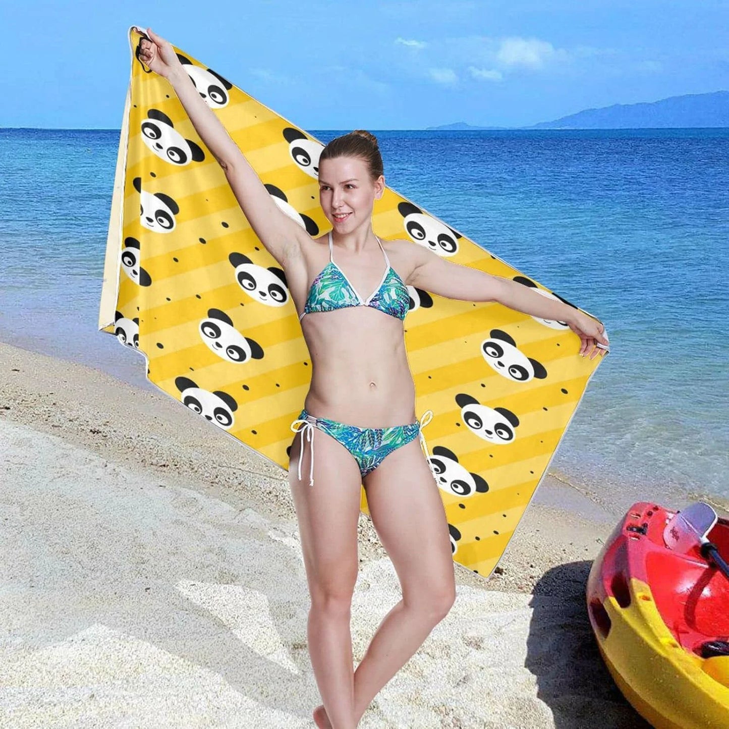 Bestwell yellow polka dot panda beach towel oversized towel blanket, thin lightweight microfiber sand free quick dry towel, 31”x71” multipurpose pool bath yoga swim shower towel