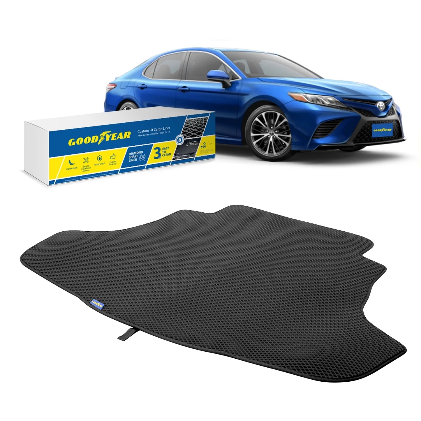 Goodyear custom fit cargo mat liner for toyota camry 2018-2024 - heavy duty trunk liner, diamond shape, luggage with waterproof, liquid & dirt trapping technology - anti-slip cargo liner - gy004551