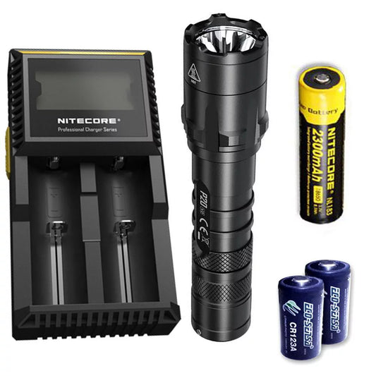 Combo: nitecore p20 v2 tactical led flashlight - cree xp-l2 v6 - 1100 lumens w/nl183 battery, d2 charger +2x free eco-sensa cr123a batteries