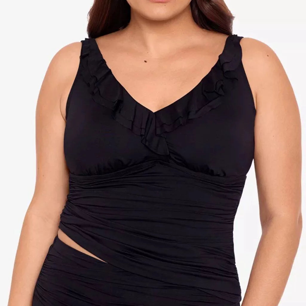 Ralph lauren black plus size tummy-control underwire ruffled tankini top, us 20w