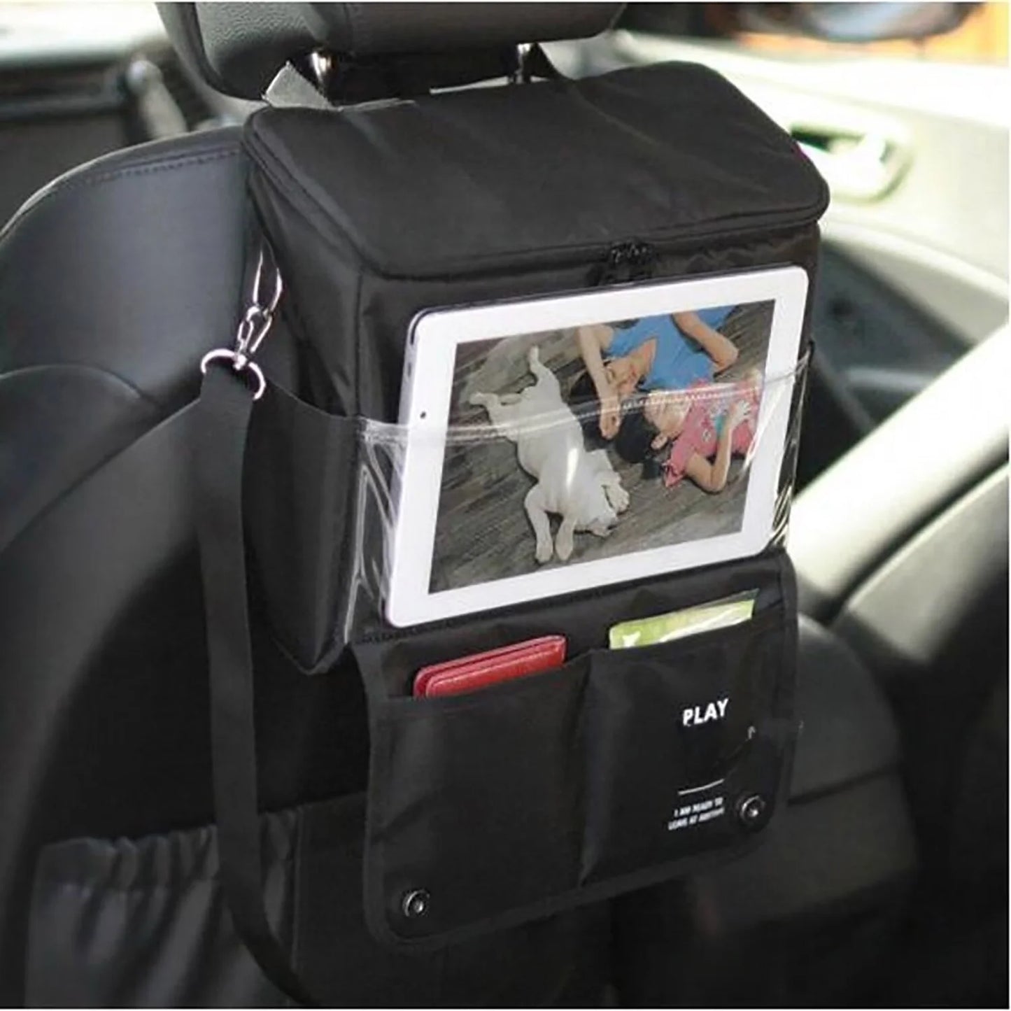 Oloey insulated car seat back organizer, driver or passenger accessories organizer, personal travel cooler storage bag