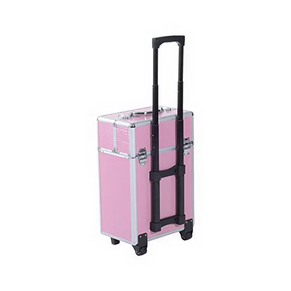 4 tier lockable rolling cosmetic makeup train cases, pink wheels rolling cosmetic case for women, cosmetic organizer makeup case with extendable trays, wrwq852