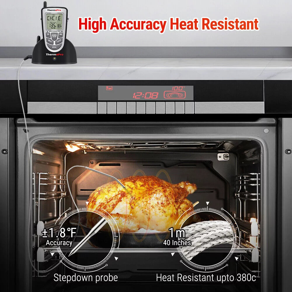 Wireless remote thermometer probe bbq grill meat kitchen oven food cooking smoke, thermopro, lcd