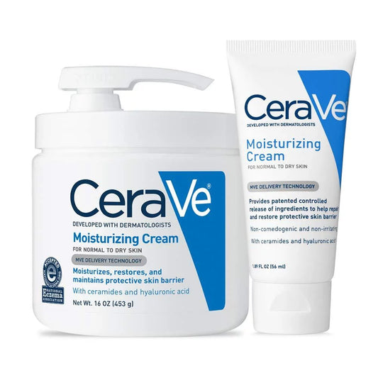 Cerave moisturizing cream combo pack | contains 16 ounce with pump and 1.89 ounce travel size | fragrance free 16 ounce+1.89 ounce