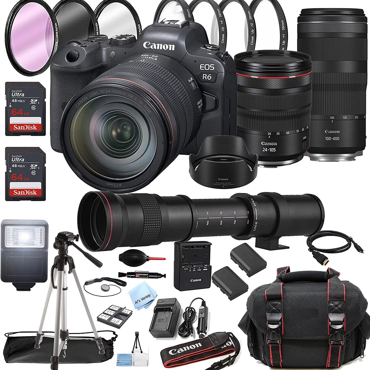 Canon eos r6 mirrorless digital camera with rf 24-105mm f/4 l is usm lens + rf 100-400mm is usm lens + 420-800mm super telephoto lens + 128gb memory + case + tripod + filters 43pc bundle