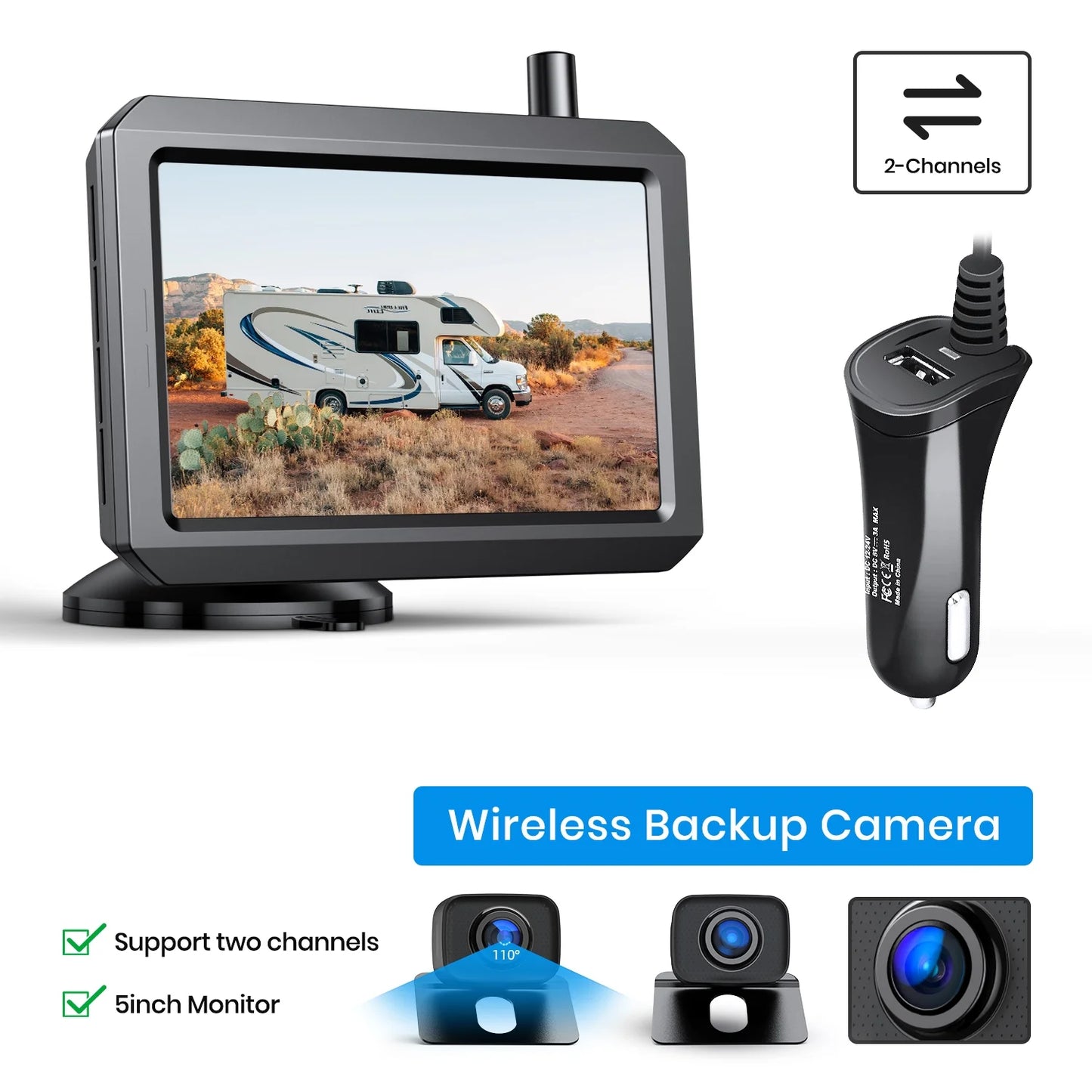 Digital wireless backup camera system with 2 cameras, ip68 waterproof wireless rear view camera 2 channels reversing system for car