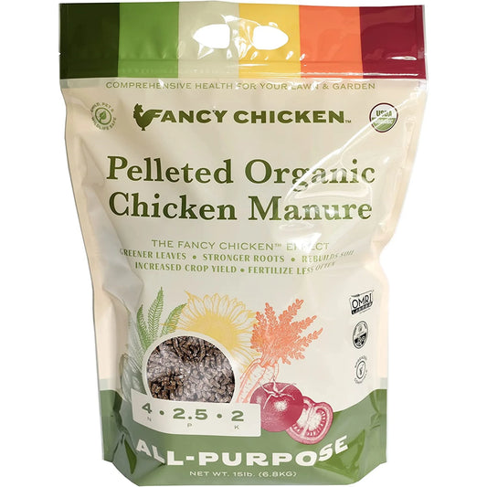 Fancy chicken 4-2.5-2 all-purpose pelleted organic chicken manure plant food for lawn and garden, usda organic, 15 lb