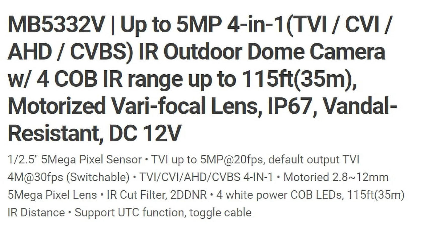 Eyemax tiv mb5332v-w hd-tvi 5mp ir vandal dome camera 2.8-12mm motorized, 4 cob ir led 12v dc