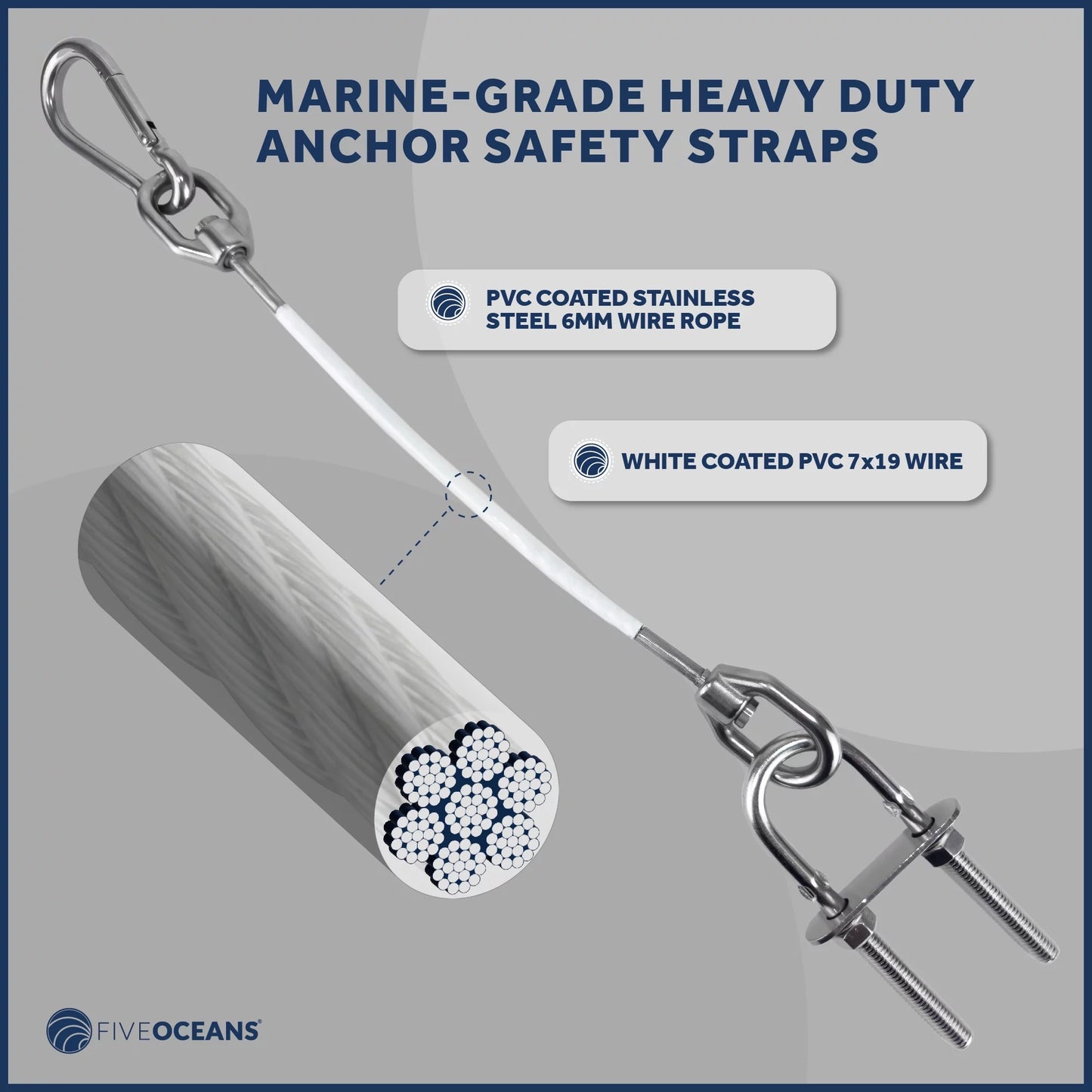 Five oceans 12-inch anchor safety straps, heavy duty 7x19 pvc coated stainless steel 6mm wire rope, includes 5/16-inch carabiner snap hook and 5/16-inch u-bolt - fo4560