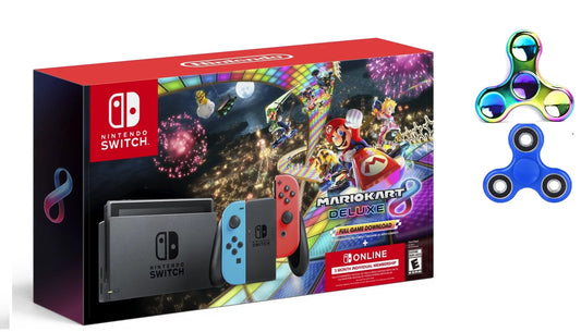 Nintendo switch with blue & red joy-con, mario kart 8 deluxe & 3 month membership bundle with ptech spinner