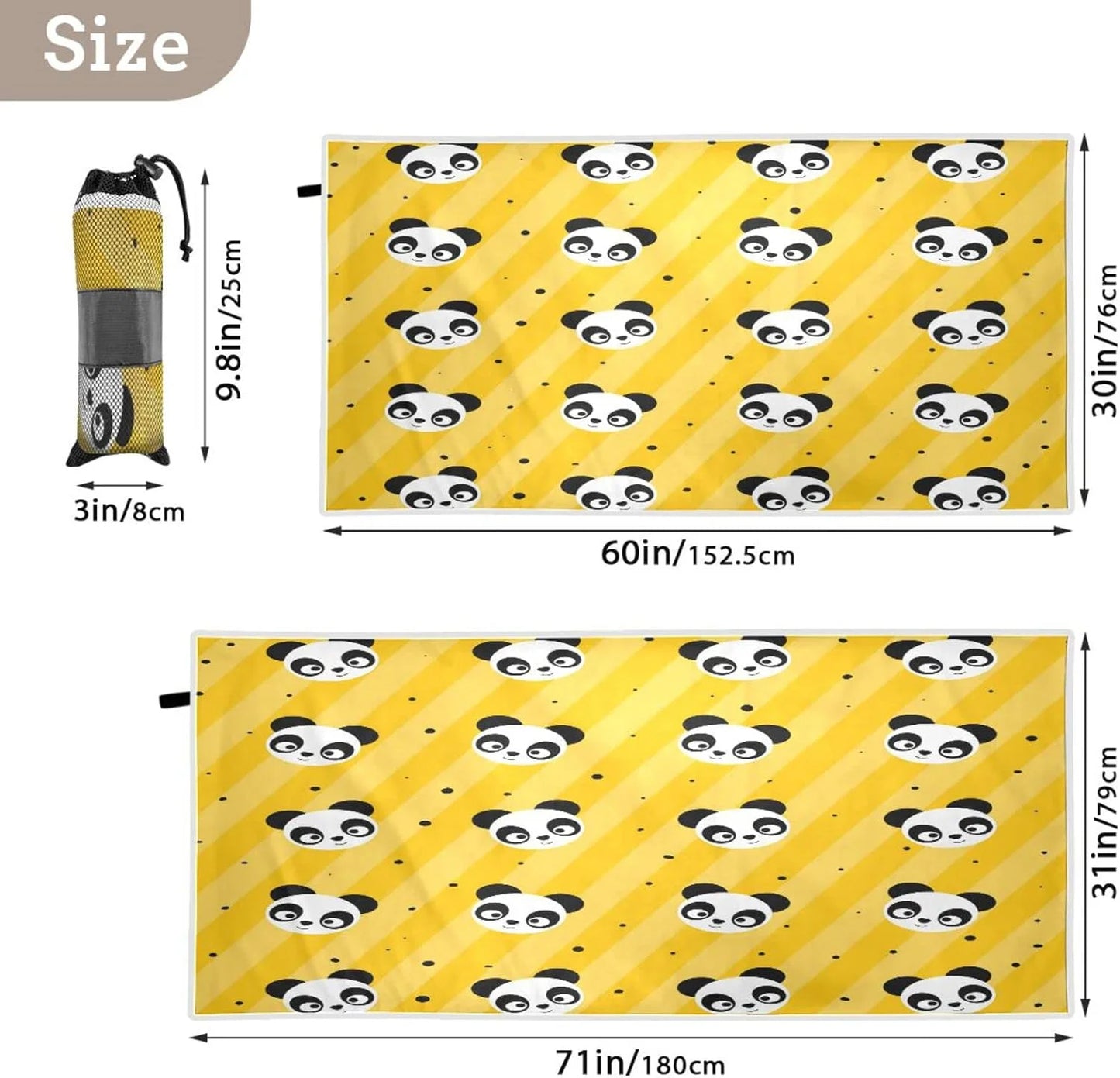 Bestwell yellow polka dot panda beach towel oversized towel blanket, thin lightweight microfiber sand free quick dry towel, 31”x71” multipurpose pool bath yoga swim shower towel