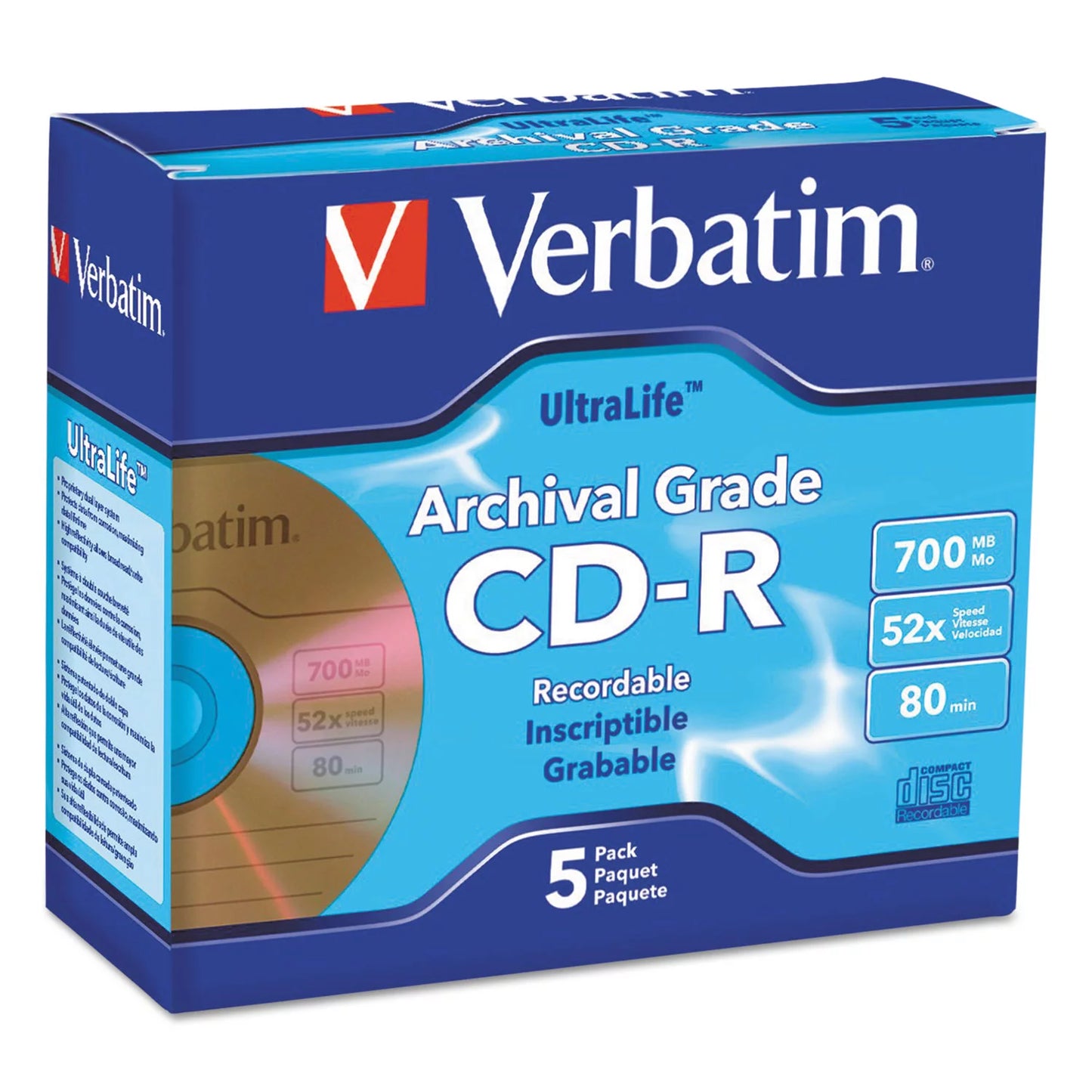 Verbatim 700mb 52x cd-r 50 packs spindle ultralife gold archival grade disc model 96159