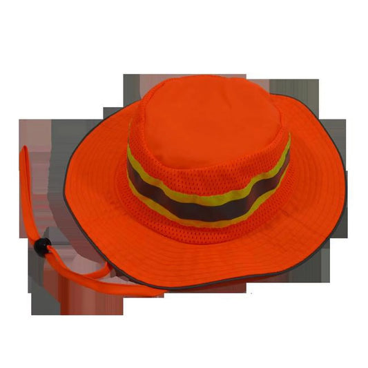 Orh-fb-l-xl high vis ranger style full brimmed hats, orange with lime contrast binding & silver reflective tape, large & extra large