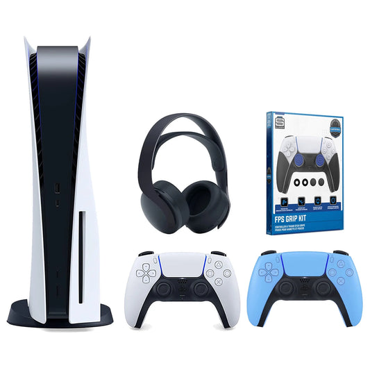 Sony playstation 5 disc version console with extra blue controller, black pulse 3d headset and surge fps grip kit with precision aiming rings bundle