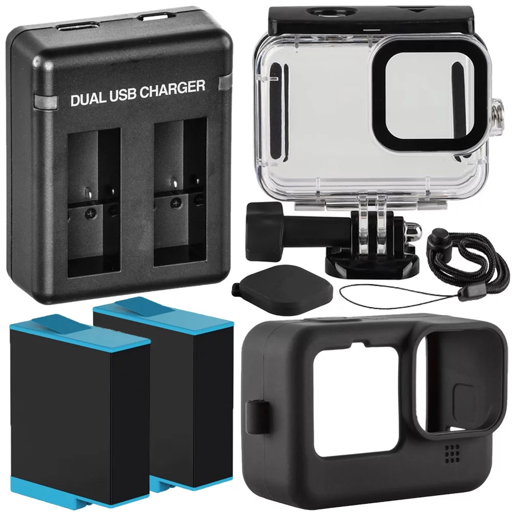 Gopro hero9 hero10 hero11 black essential action accessory bundle includes: 2 extra batteries, dual high speed charger, waterproof housing, and black silicone case