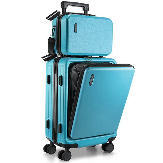 20 inch hardside carry-on expandable luggage, front pocket luggage set spinner suitcase set, teal